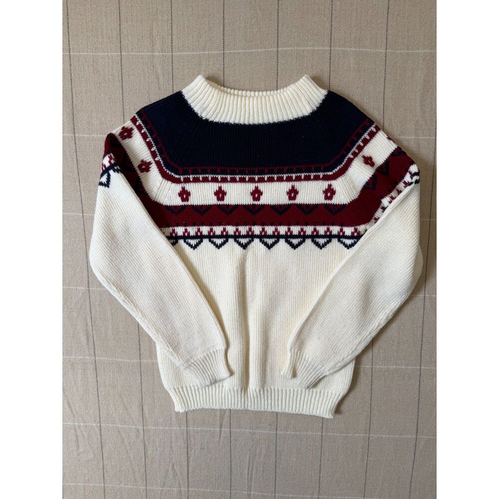 Vintage JCPenney Cream Red Blue Nordic Mock Neck Sweater S/M 100% Acrylic